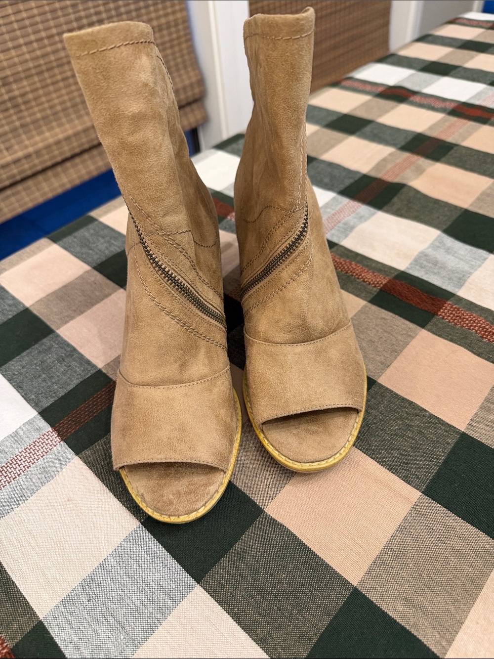 White Mountain Tan Suede Open-Toe Block Heel Ankle Boots